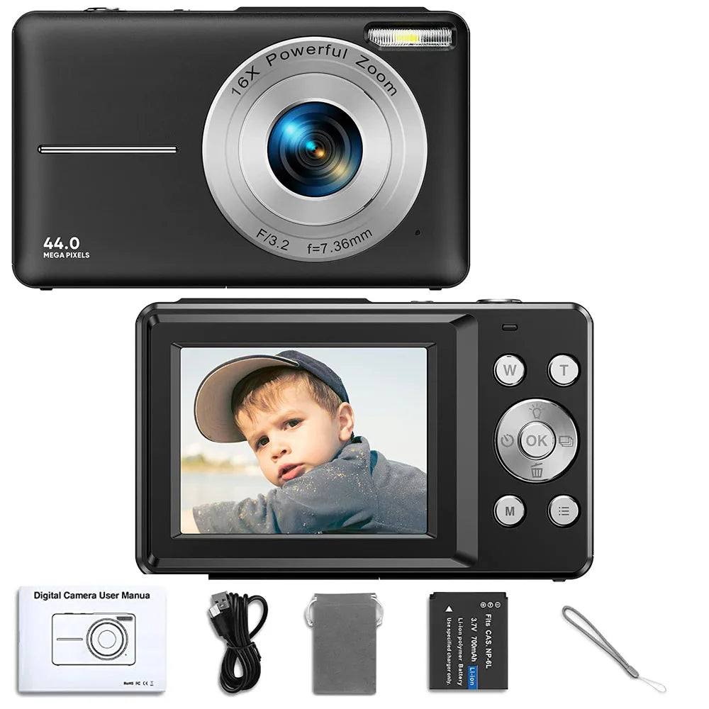 HD 1080P 2.4 Inch Digital Camera Rechargeable Cameras with 16X Zoom Compact Camera 44MP Cameras for Kids Beginner Camera