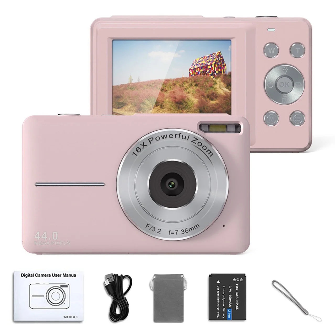 HD 1080P 2.4 Inch Digital Camera Rechargeable Cameras with 16X Zoom Compact Camera 44MP Cameras for Kids Beginner Camera