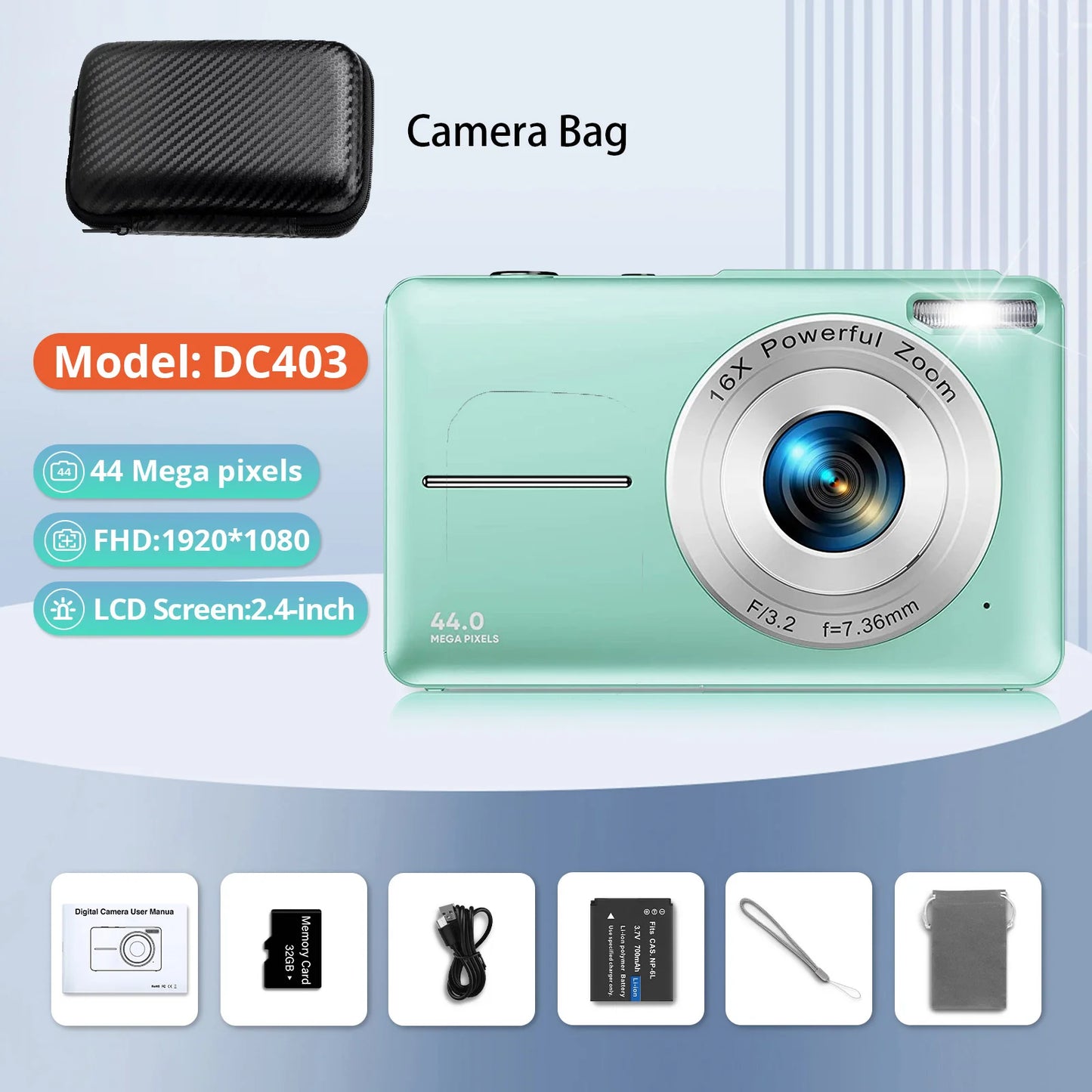 HD 1080P 2.4 Inch Digital Camera Rechargeable Cameras with 16X Zoom Compact Camera 44MP Cameras for Kids Beginner Camera