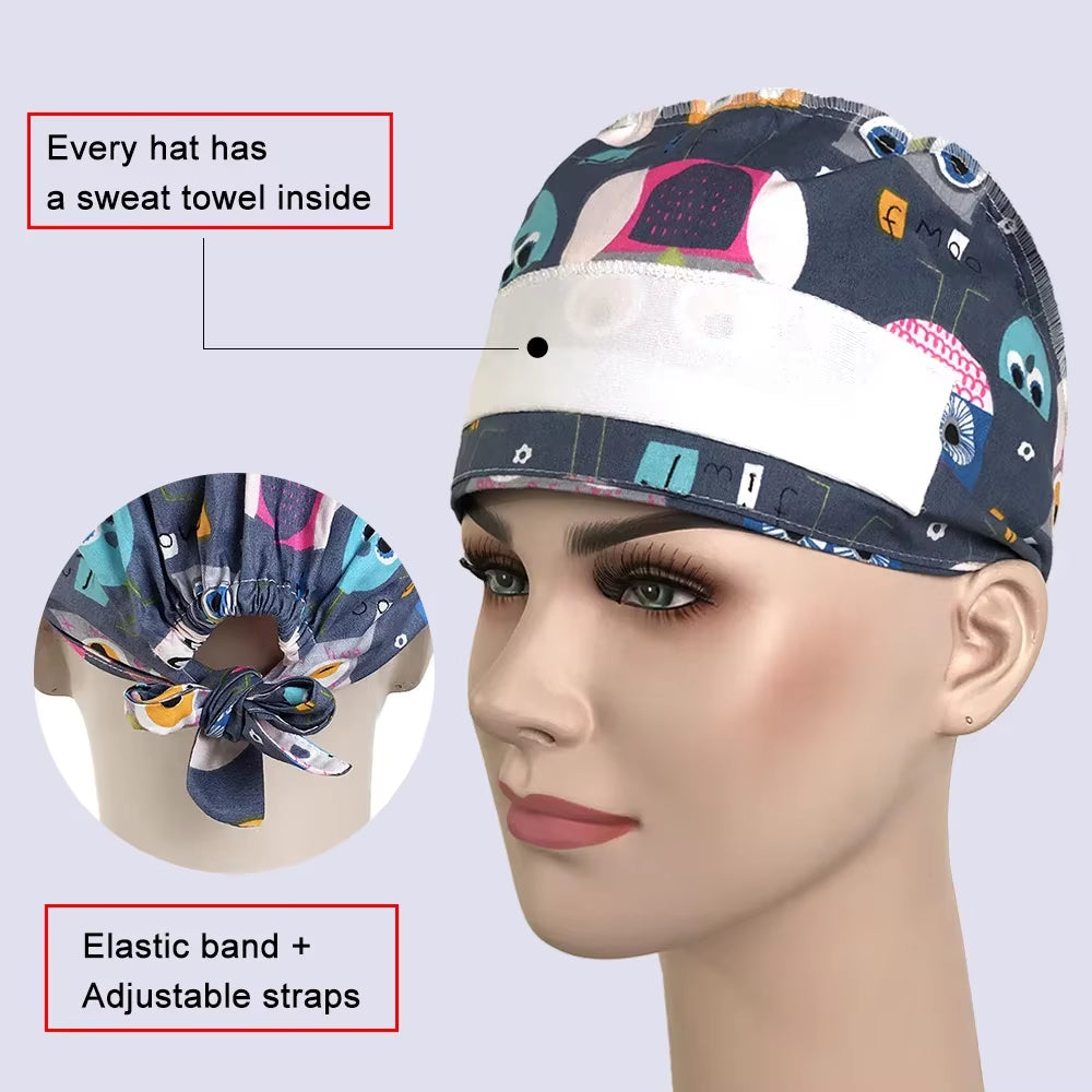 New Scrub Nurse Hat Floral Bouffant Cap Fashion Multicolor Nurse Scrub Caps Adjustable Bandage Turban Surgical Doctor Nurse Hats