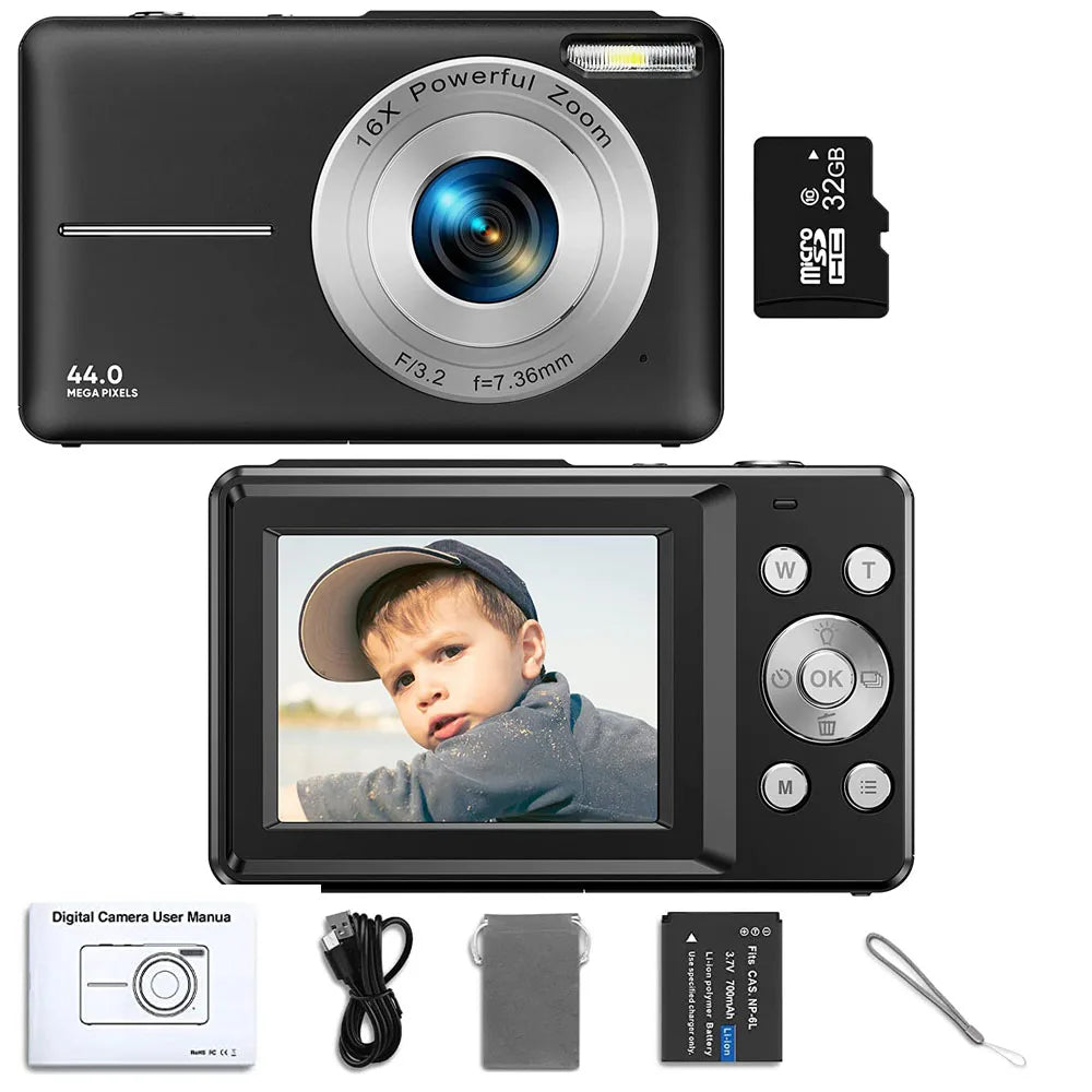 HD 1080P 2.4 Inch Digital Camera Rechargeable Cameras with 16X Zoom Compact Camera 44MP Cameras for Kids Beginner Camera