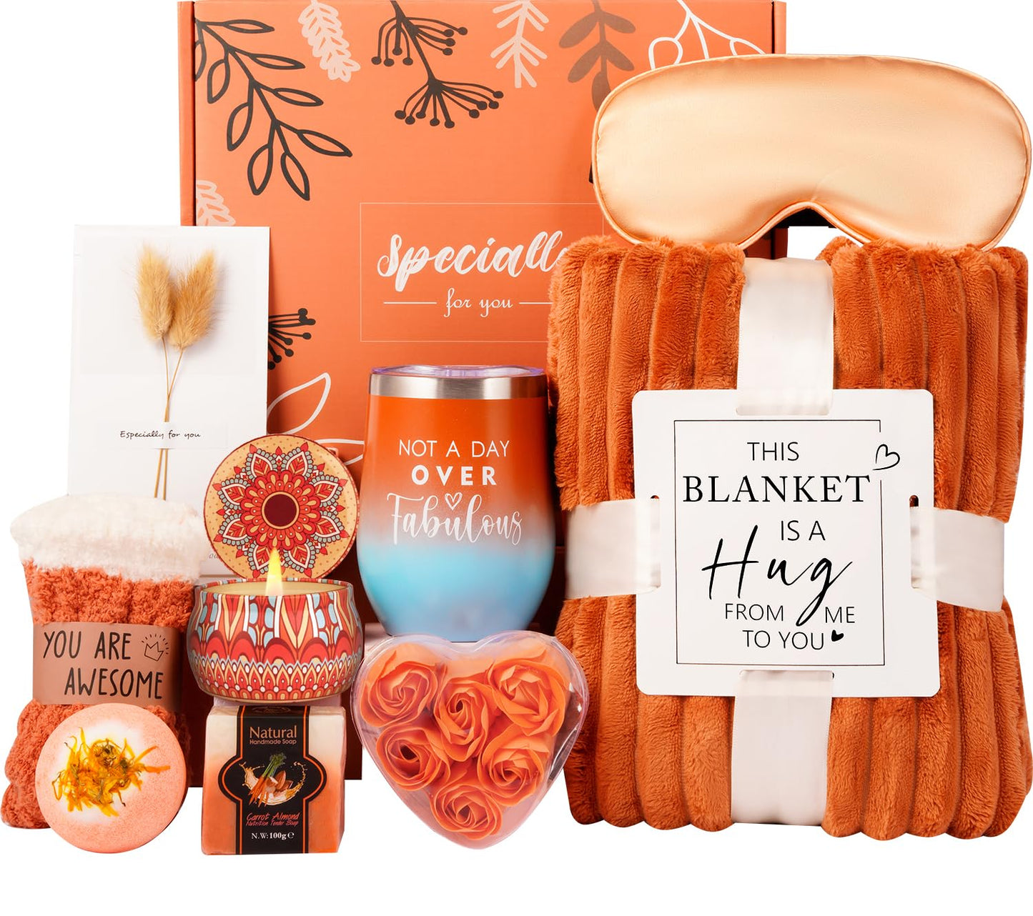 Gifts for Women,Mum,Wife,Girlfriend,Sister,Cozy Gifts, Happy Birthday,Luxury Self Care Get Well Gifts,Relaxing Spa Gifts Baskets W/ Blanket Socks Orange Rose,Mother’S Day,Valentine’S Day Gifts for Her