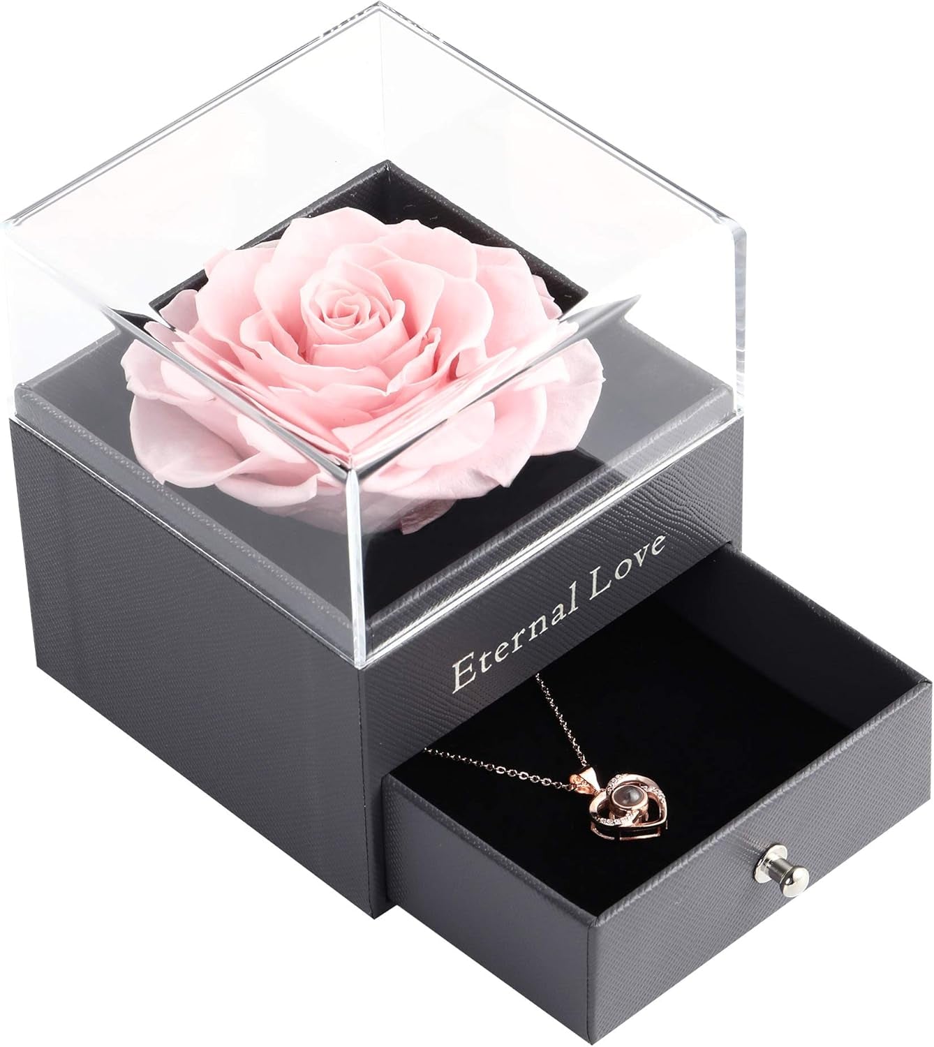 Preserved Real Pink Rose with Love You Necklace in 100 Languages Gift Set, Enchanted Real Rose Flower for Valentine'S Day Anniversary Wedding Bthday Romantic Gifts for Her (Pink Rose)