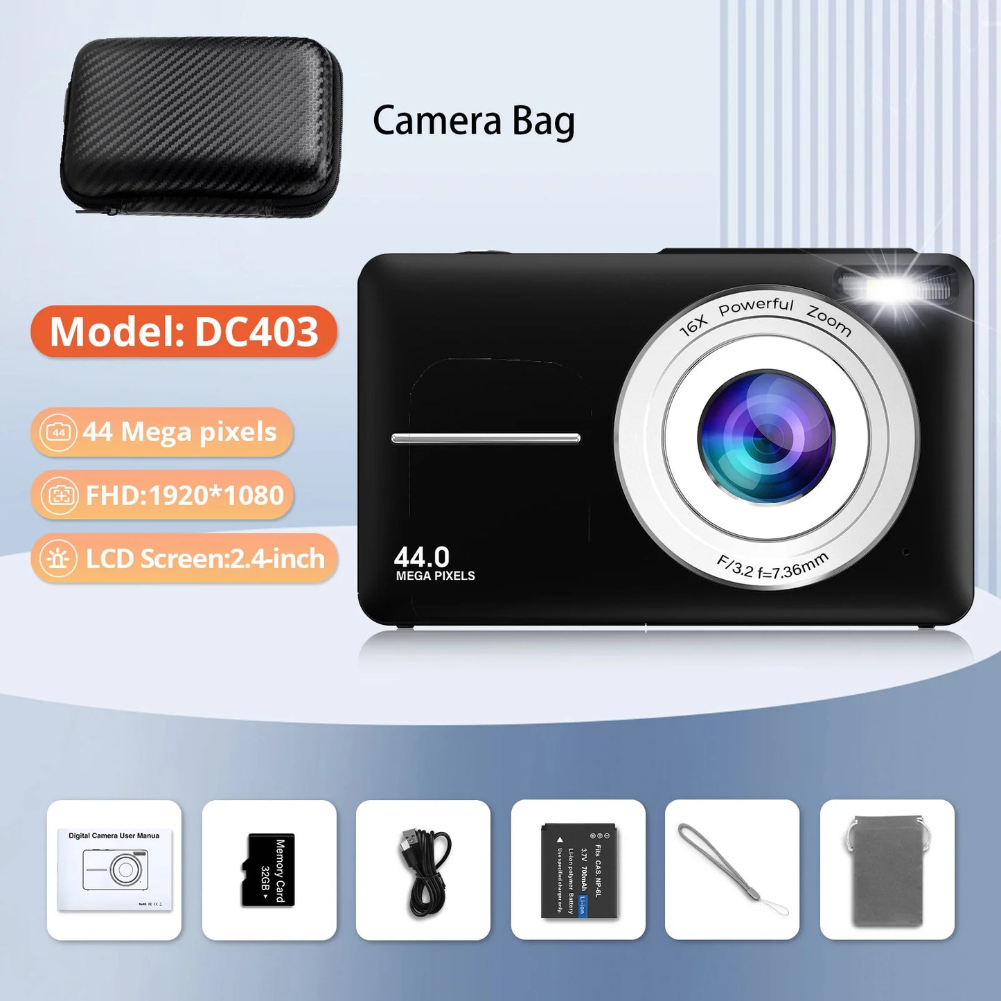 HD 1080P 2.4 Inch Digital Camera Rechargeable Cameras with 16X Zoom Compact Camera 44MP Cameras for Kids Beginner Camera