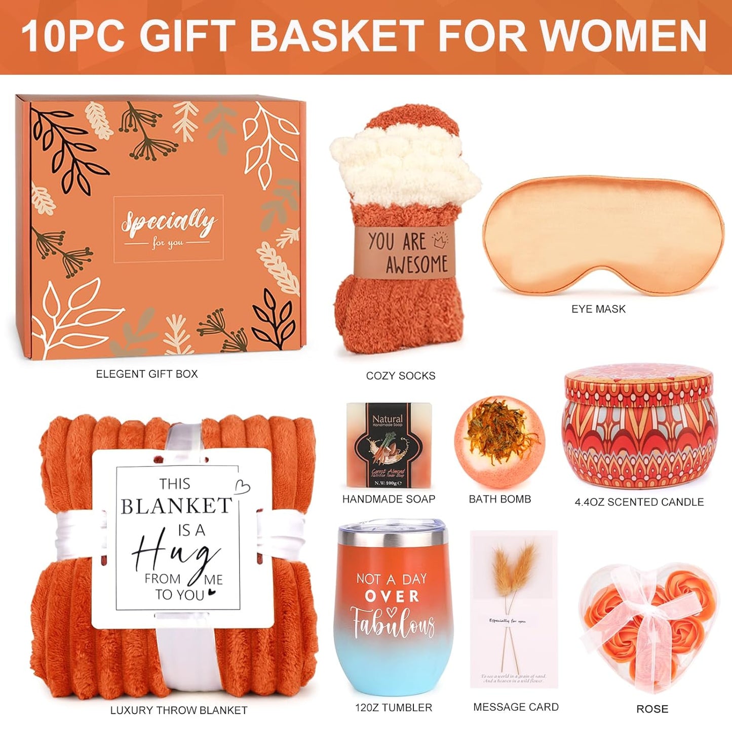 Gifts for Women,Mum,Wife,Girlfriend,Sister,Cozy Gifts, Happy Birthday,Luxury Self Care Get Well Gifts,Relaxing Spa Gifts Baskets W/ Blanket Socks Orange Rose,Mother’S Day,Valentine’S Day Gifts for Her