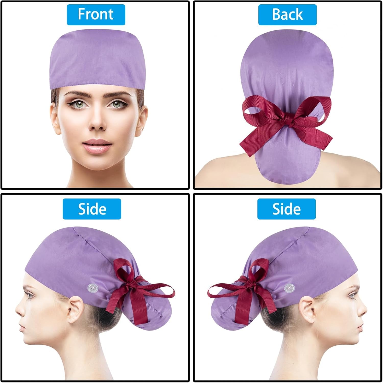 Scrub Caps Women Bouffant Scrub Hats Caps Nurses, Adjustable Working Cap Ponytail Pouch Tie Back Hats