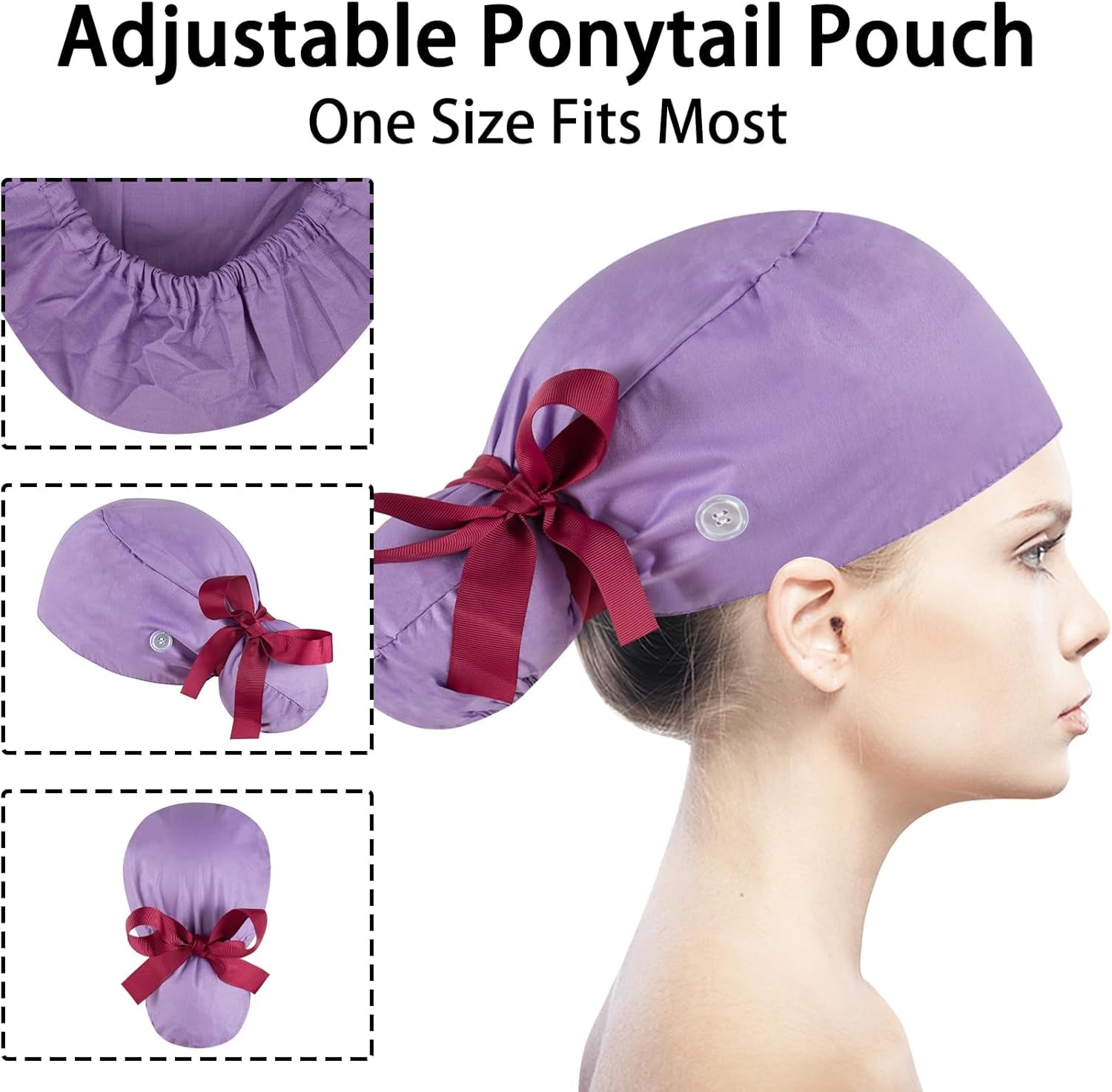 Scrub Caps Women Bouffant Scrub Hats Caps Nurses, Adjustable Working Cap Ponytail Pouch Tie Back Hats