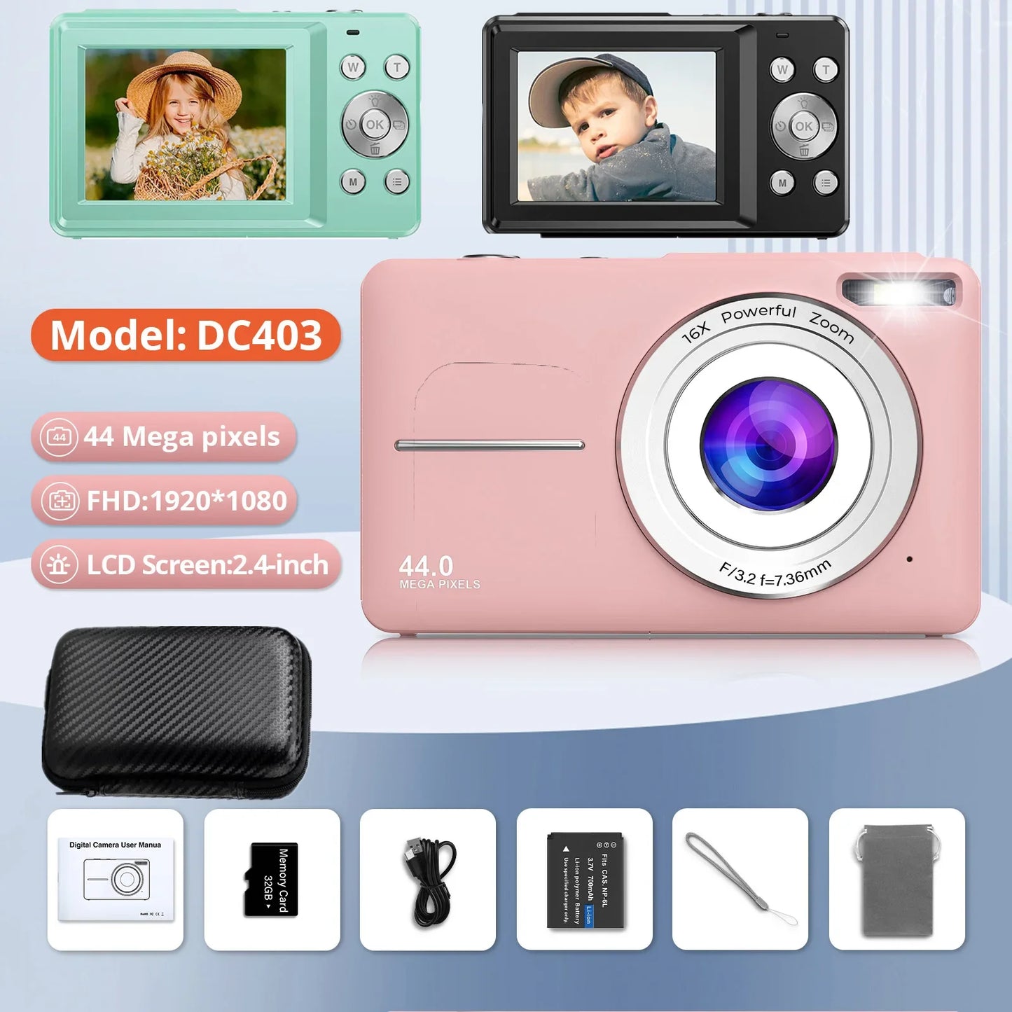 HD 1080P 2.4 Inch Digital Camera Rechargeable Cameras with 16X Zoom Compact Camera 44MP Cameras for Kids Beginner Camera