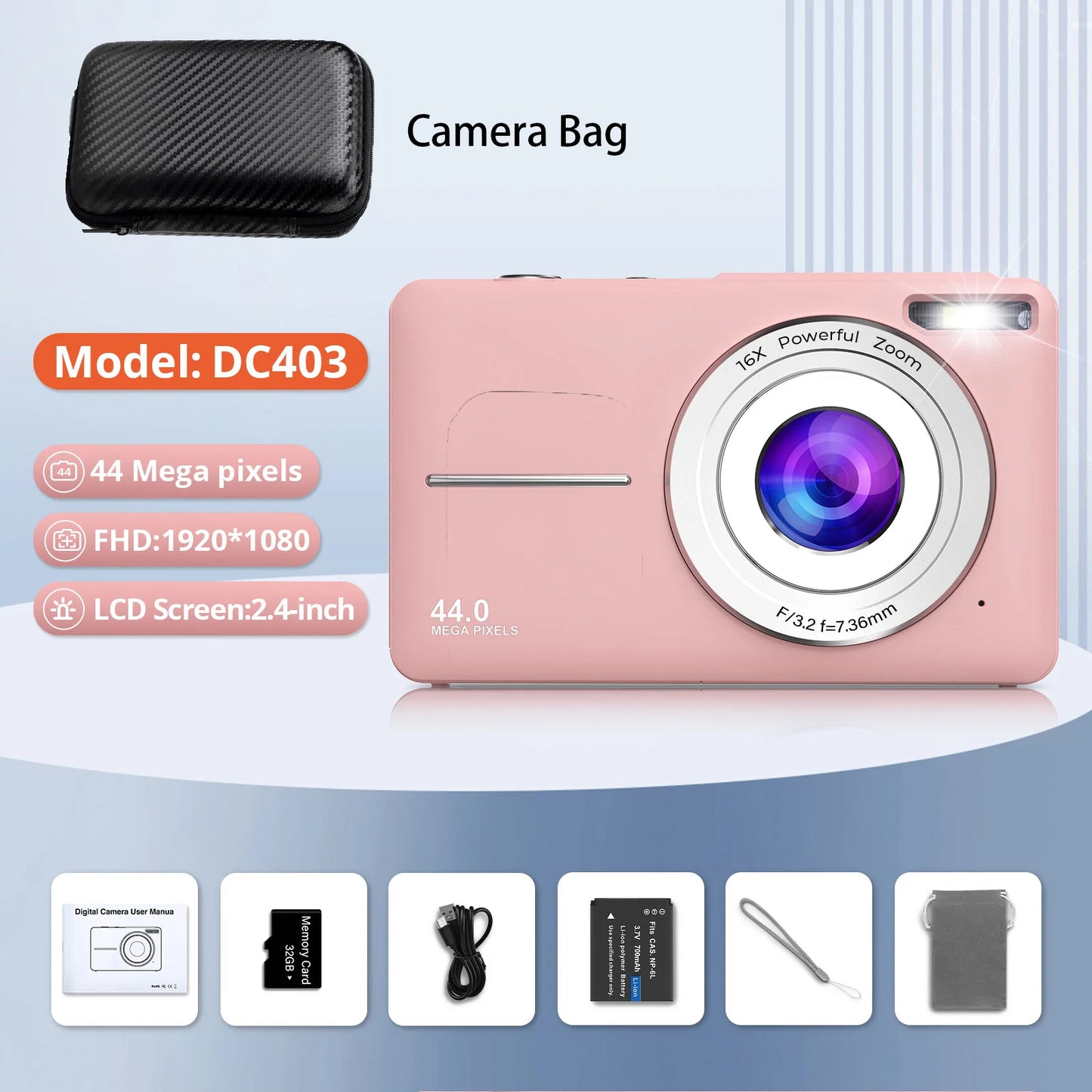 HD 1080P 2.4 Inch Digital Camera Rechargeable Cameras with 16X Zoom Compact Camera 44MP Cameras for Kids Beginner Camera