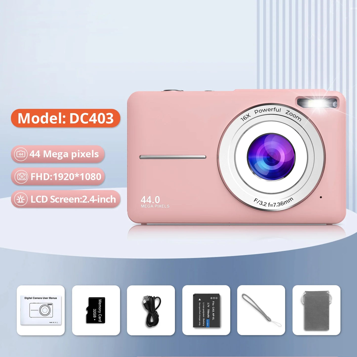 HD 1080P 2.4 Inch Digital Camera Rechargeable Cameras with 16X Zoom Compact Camera 44MP Cameras for Kids Beginner Camera