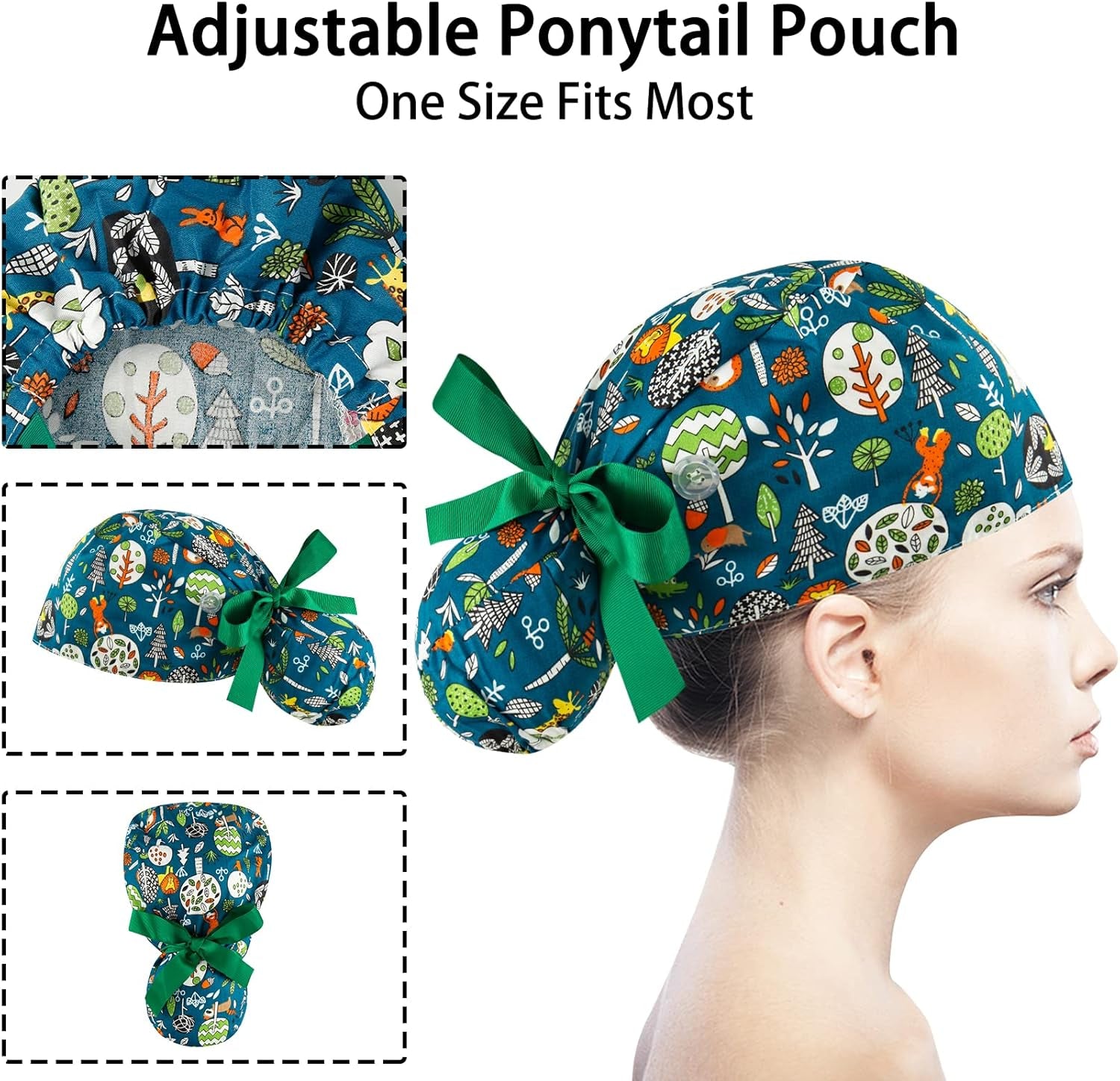 Scrub Caps Women Bouffant Scrub Hats Caps Nurses, Adjustable Working Cap Ponytail Pouch Tie Back Hats