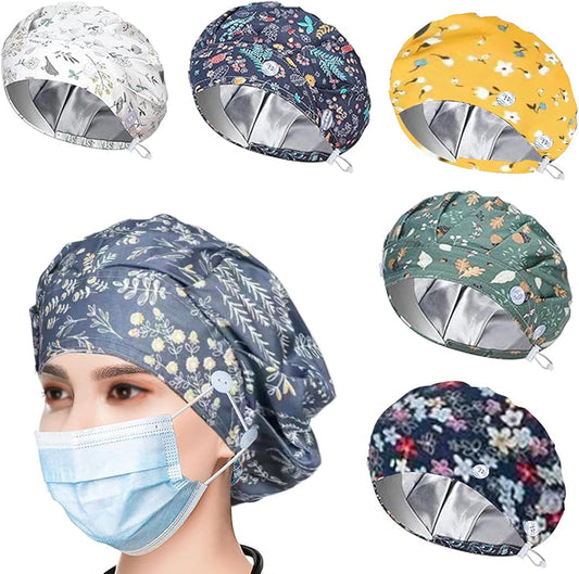 6PCS Bouffant Scrub Caps Women, Satin Lined Scrub Caps Women, Adjustable Surgical Caps for Women, Bouffant Caps with Button and Sweatband, Nurse Caps for Women, Unisex Scrub Cap, One Size Multi Color